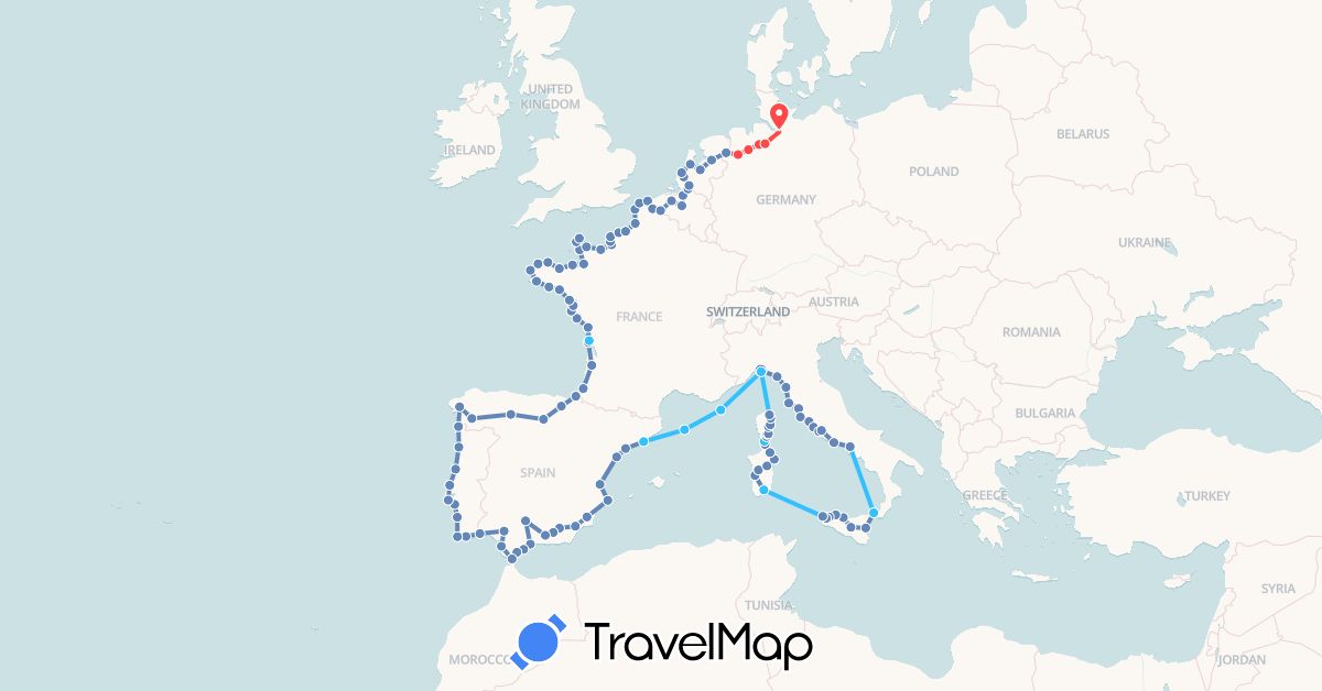 TravelMap itinerary: driving, cycling, hiking, boat in Belgium, Germany, Spain, France, Italy, Netherlands, Portugal (Europe)